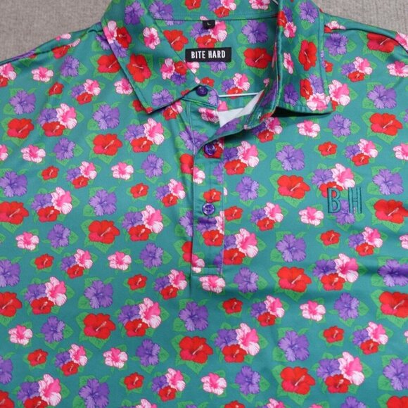 Bite Hard Polo Shirt Large Green All Over Floral Print Golf - Picture 2 of 7